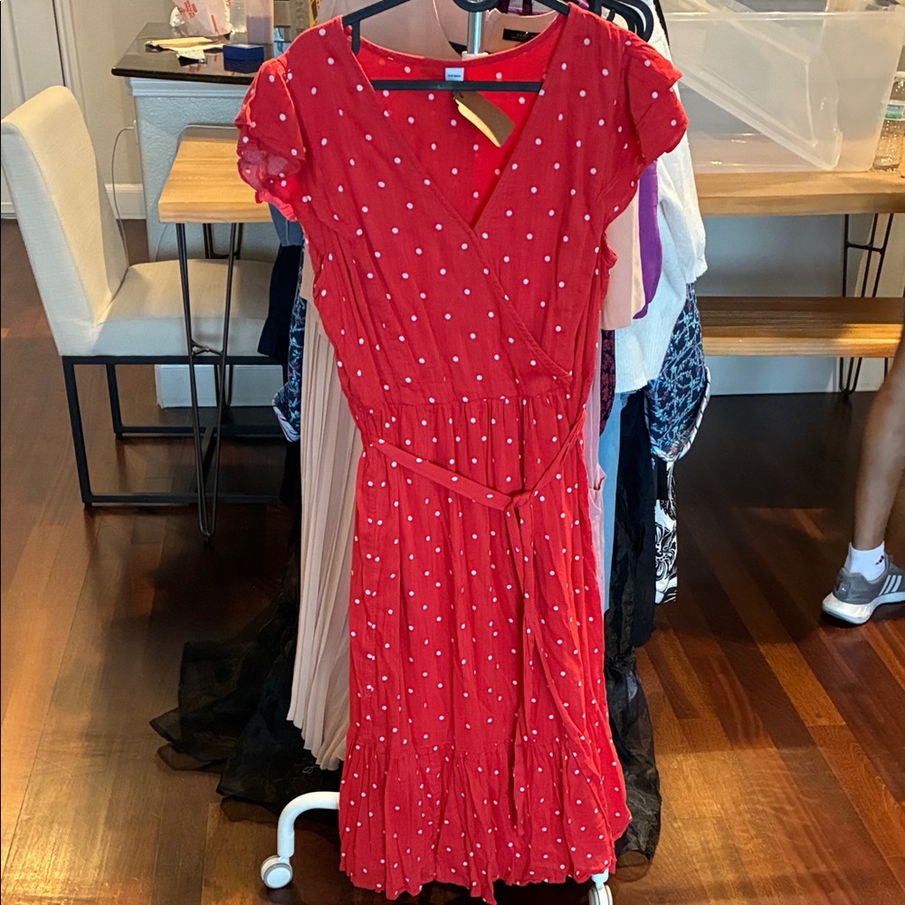 Old Navy Red Polka Dot Wrap Midi Dress
